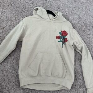Cream Hoodie with Red Rose Embroidery